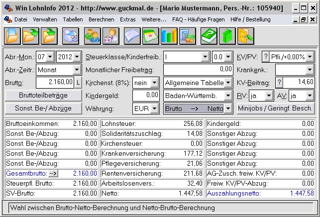 Screenshot vom Programm: Win LohnInfo 2012