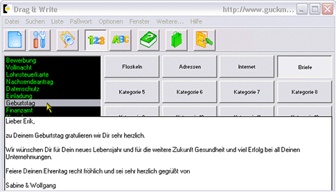 Hauptfenster der Textbaustein-Software Drag and Write